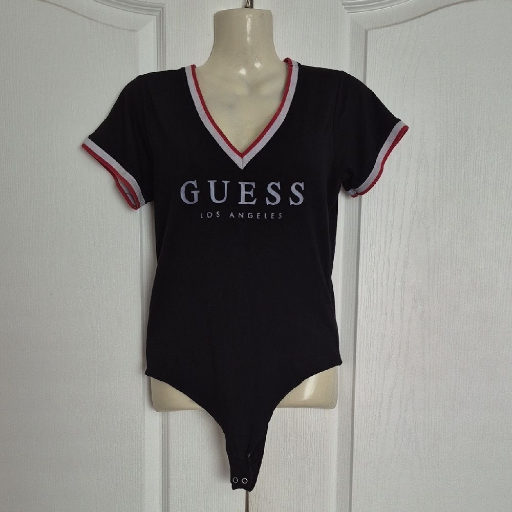 Guess Black V-Neck Bodysuit with Red and White Trim